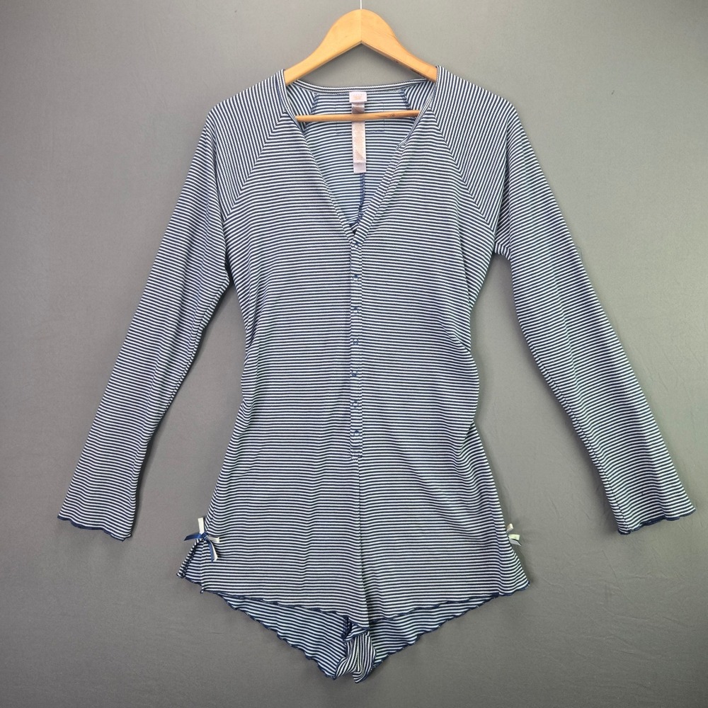 Savage X Fenty Romper Teddy Size L Blue White Striped Open Back Button Up Ribbed